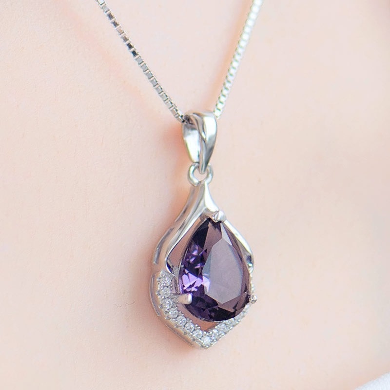 [Ready Stock]Fashion Plated 925 Silver Necklace Amethyst Pendant