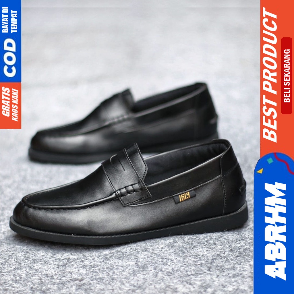 Sepatu Casual Pria Formal Slip On Pantofel Kulit Pu Kerja Kantor Kondangan Kuliah Hitam Fashion Shoes Terbaru Murah Kekinian Original PENNY ABRHM