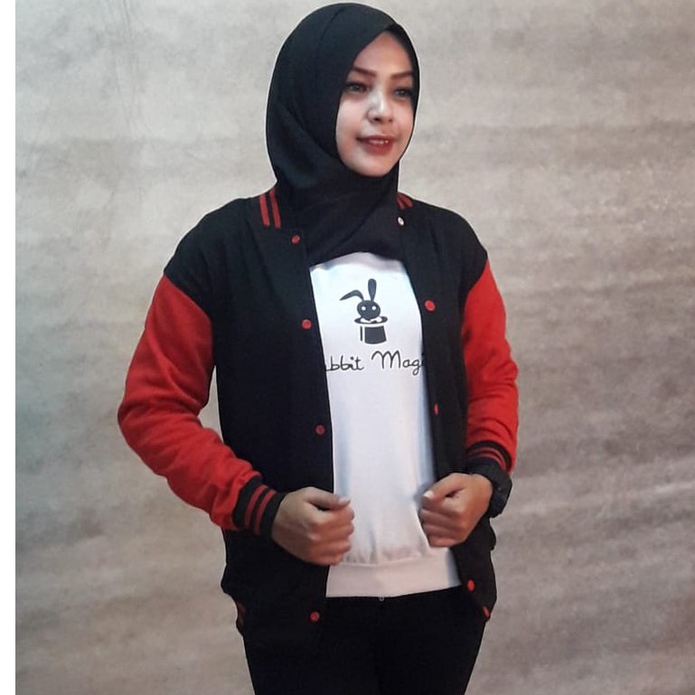 Jaket Baseball Polos Bahan Tebal pria wanita | Jaket baseball varsity-Hitam-merah