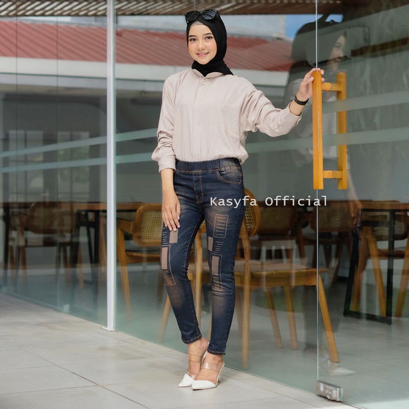 LESTY PANTS CELANA JEGGING JEANS LASER KOTAK FULL KARET - KF