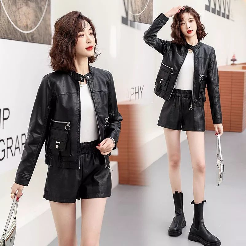 jaket kulit crop wanita/jaket Korea wanita terbaru