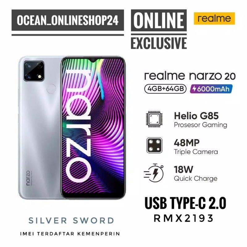 REALME NARZO 20 RAM 4GB 64GB - SILVER SWORD - HELIO G85 - 48MP - GRS RESMI