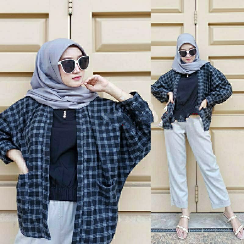 Outer Balon Grid Flanel Cardigan Ballon Outher Cardy Oversize