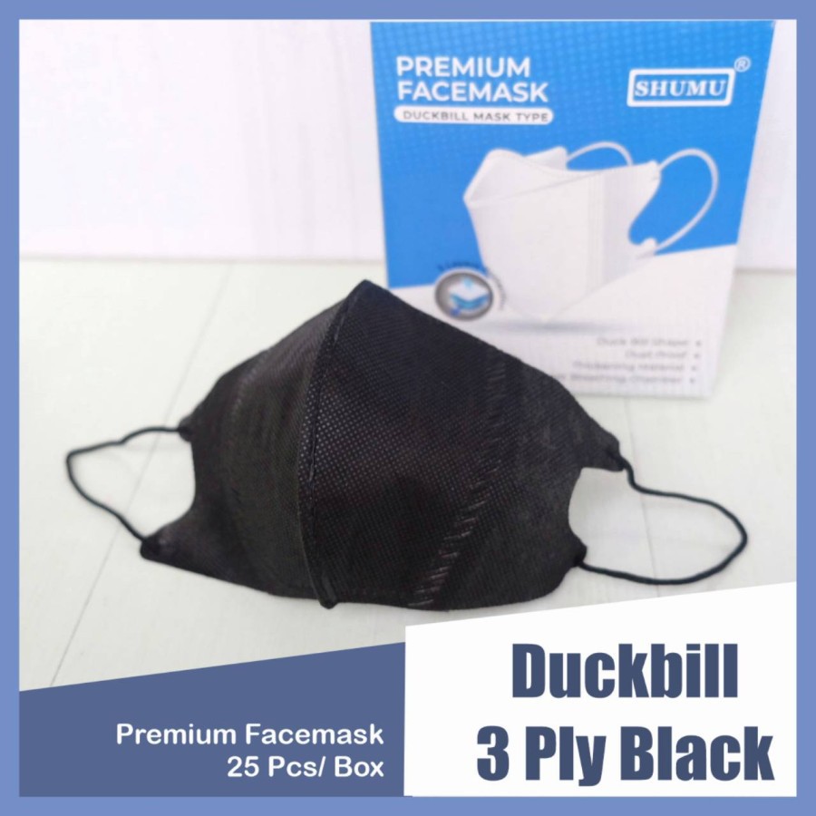 MASKER SHUMU DUCKBILL 3-PLY BLACK &amp; WHITE MIRIP SENSI ISI 25 PCS