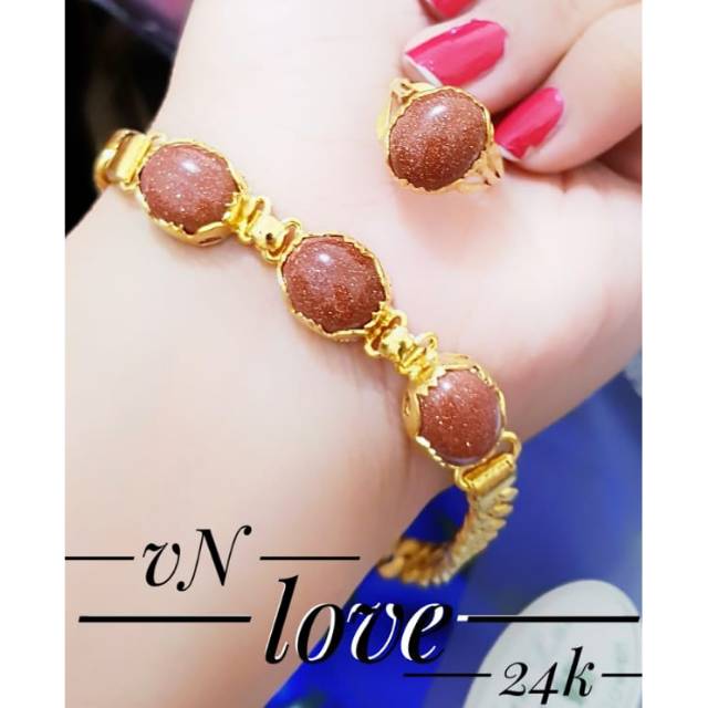 Gelang batu coklat lapis emas 24k