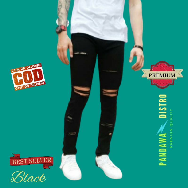 CELANA JEANS PRIA SOBEK RIPPED ROBEK SLIMFIT PENSIL STRETCH DENIM HITAM PREMIUM 27-38