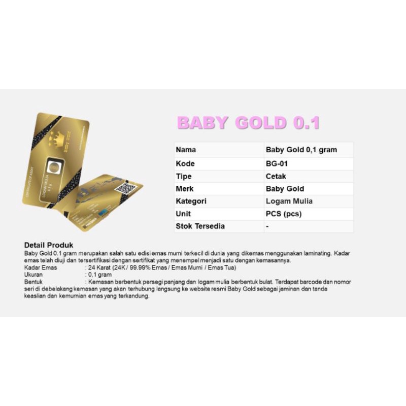 Emas Murni Baby Gold 0,1 gram Logam Mulia 0,1 Emas Batangan 0.1