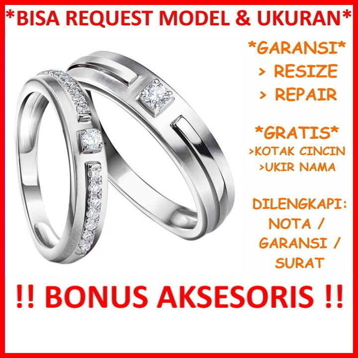 Gratis Ukir Nama Bisa Pesan Model Garansi Asli Cincin Kawin Couple Nikah Emas Putih Palladium ID501