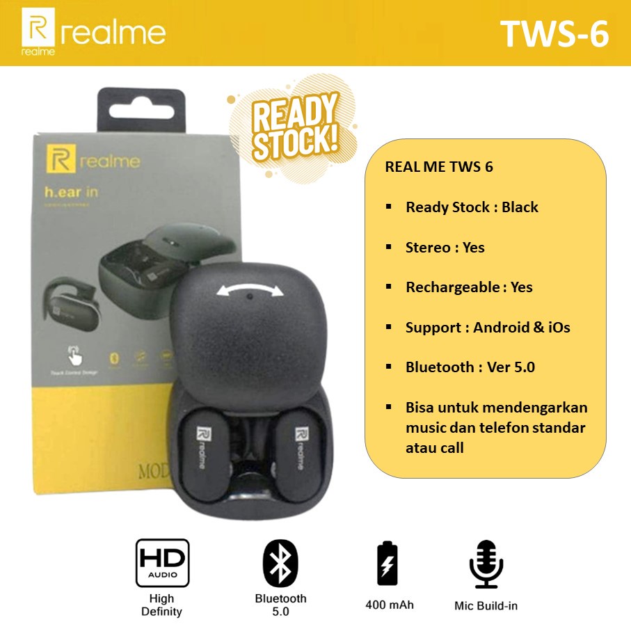 REALME TRUE WIRELESS BLUETOOTH EARPHONE EARBUDS TWS 6 HEADSET BLACK