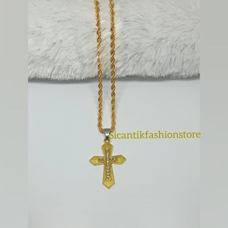 Kalung Titanium pria tambang lilit liontin Salib Gold Terlaris anti Karat liontin salib Gold permata