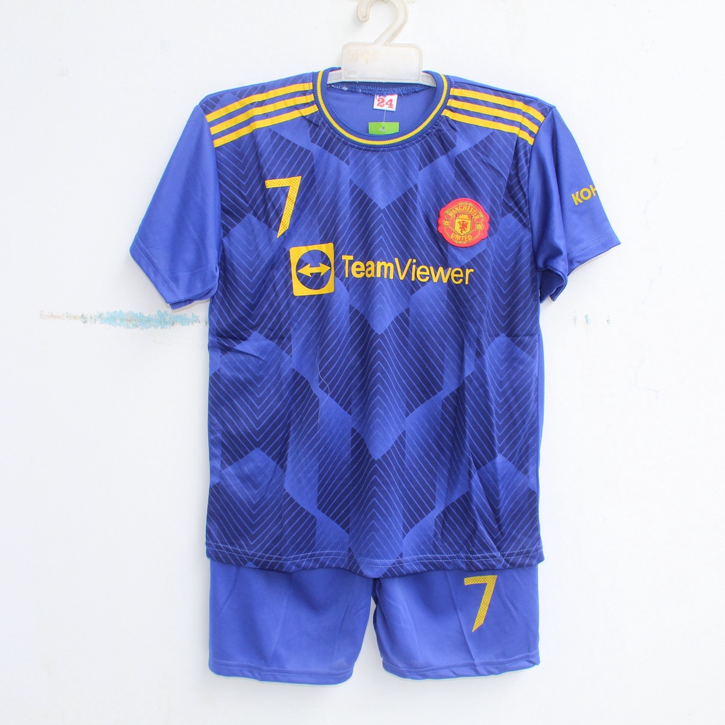 setelan baju bola anak mu/baju kaos bola mu biru size 5-12thn