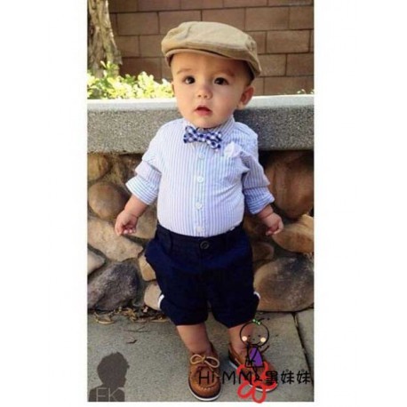 Setelan Anak Laki HI-MM Kemeja Salur Biru Set Tie Pant Impor