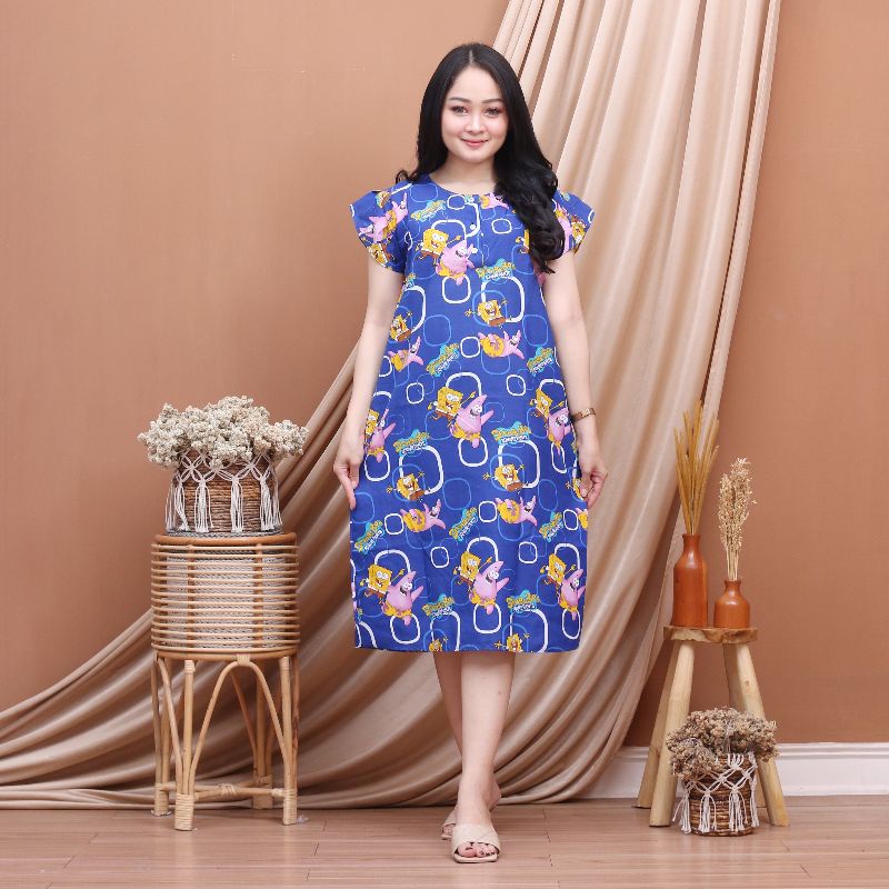 Daster Batik Lengan pendek - Motif Acak / Campur - Leher Kancing /Batik karakter busui-Spnsbb kotak biru