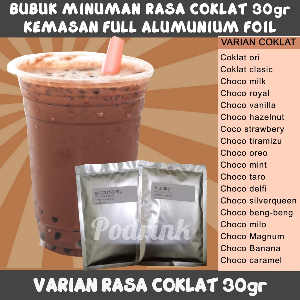 

Bubuk Minuman 30gr Murah Varian Coklat Untuk Boba, Esblend, Jellydrink dsb (mix gula)