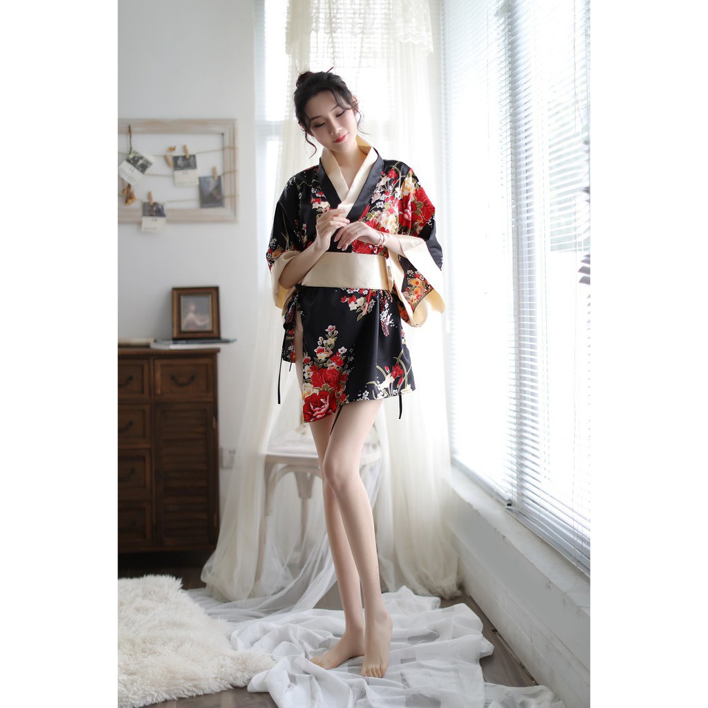 LI-86 mini kimono yukata hitam lingerie baju tidur wanita seksi cosplay