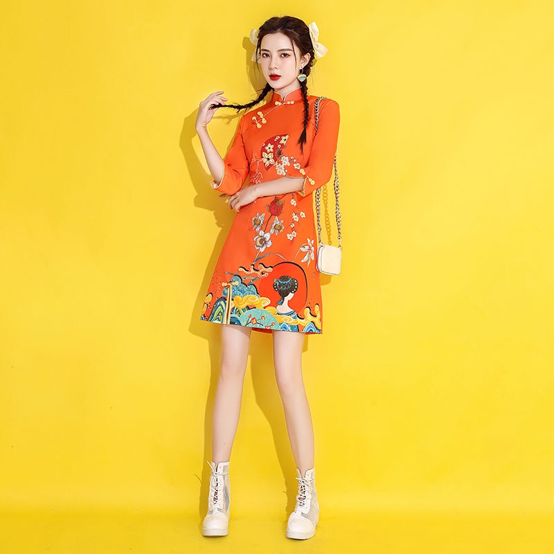 Guochao cheongsam 2023new young spring and autumn orange improved short spring Chinese women's dres