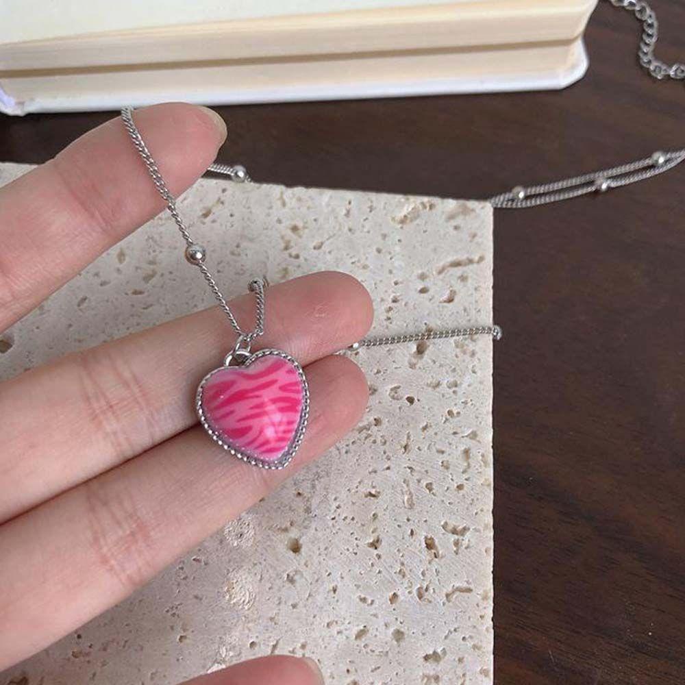 Kalung Choker Liontin Bentuk Hati Warna Pink Silver Gaya Minimalis Untuk Wanita