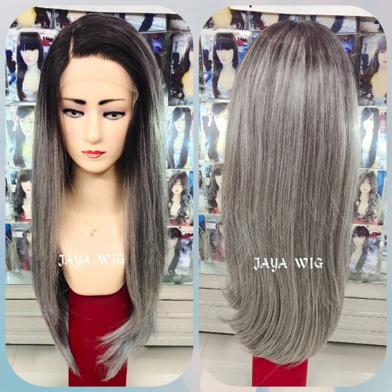 Frontlacewig Rambut Palsu Wanita Lurus Panjang Warna Ombre Silver