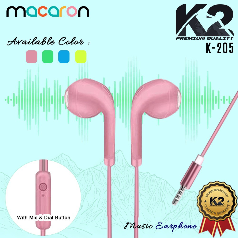 Headset / Handsfree K-205 MACARON K2 Premium Quality Super Bass Stereo GARANSI RESMI 18 BULAN [fs]