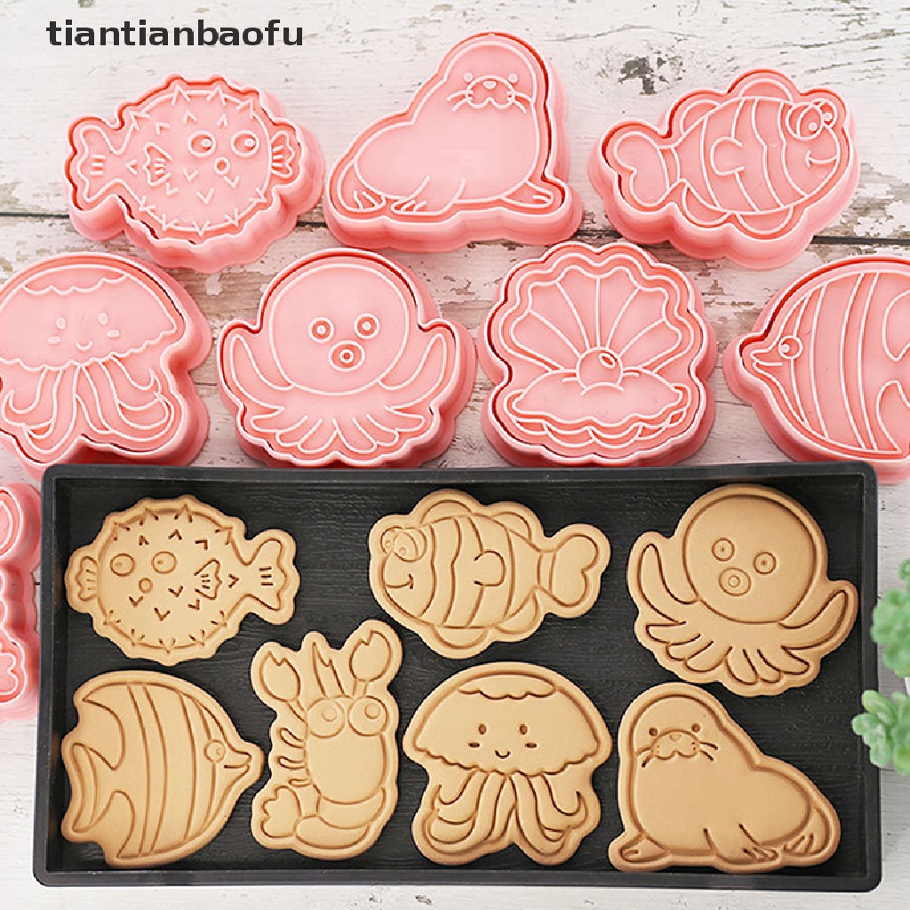 8pcs / Set Cetakan Pemotong Kue / Biskuit Bentuk Kartun Hewan Laut 3D Model Tekan Untuk Alat Dapur