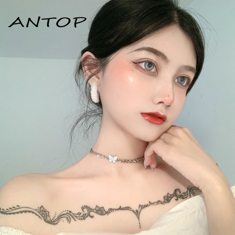 Kalung Choker Rantai Silver Tebal Desain Kupu-Kupu Hias Berlian Gaya Retro Korea Untuk Wanita ANTOP