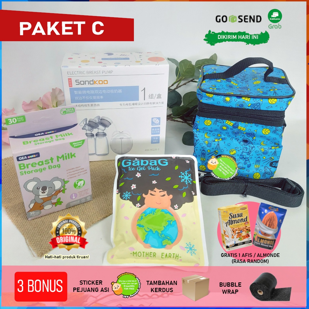 [TERLARIS] Paket C Pompa ASI Elektrik Double + Tas + Kantong ASI GEA + Ice Gel GABAG