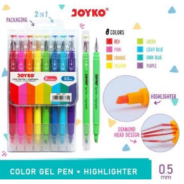 

Color Gel Pen Pena Jel + Highlighter Penanda Joyko GPC-277 8 Warna