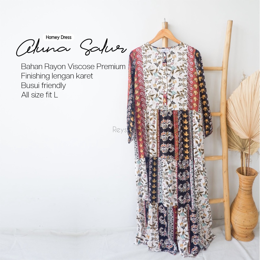 Homey Dress Aluna Salur By Reyscarf.id - Gamis Dewasa Bahan Rayon Viscose Premium Adem Nyaman Dipakai - Bisa COD