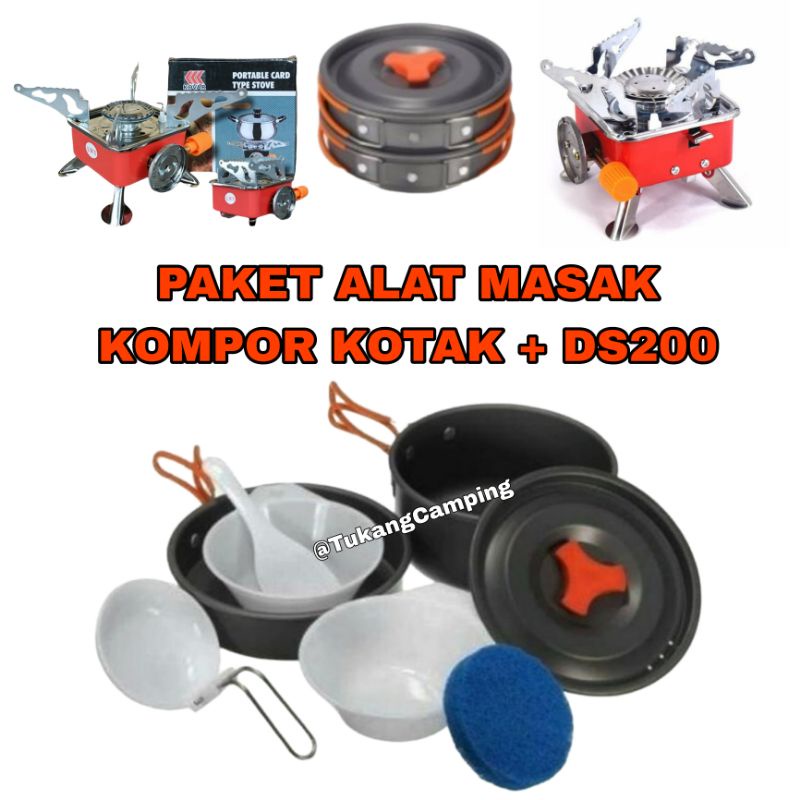 Paket Cooking set 2-3 orang + Kompor Windproof kemping Nesting camping Ccooking set ds 200