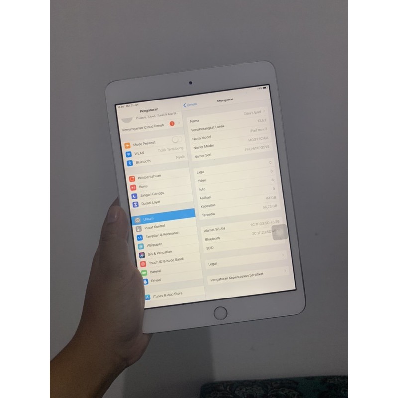 IPAD MINI 3 SILVER WIFI ONLY SECOND/BEKAS BATANGAN