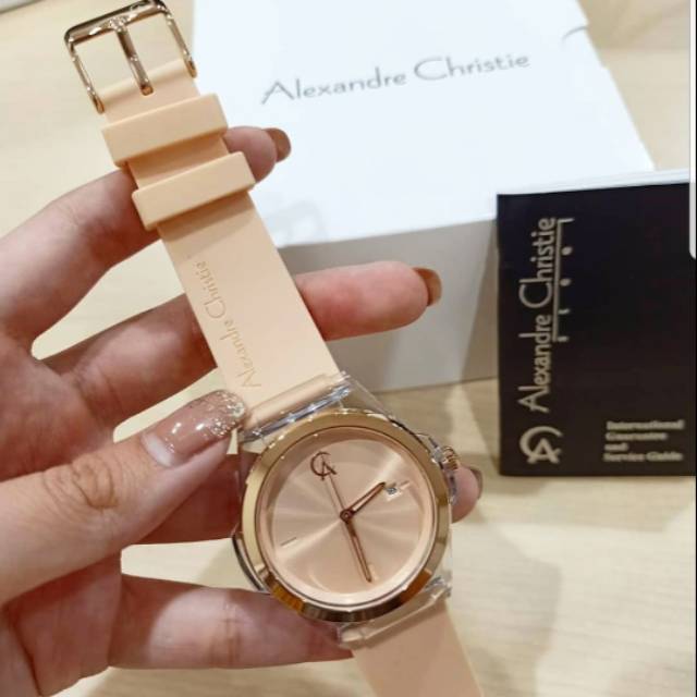 Jam Cewek Alexandre Christie AC2809 Original Tali Karet Peach Rosegold