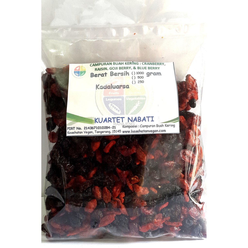 

Campuran Buah Kering Cranberry, Raisin, Goji Berry, & Blue Berry 100 g