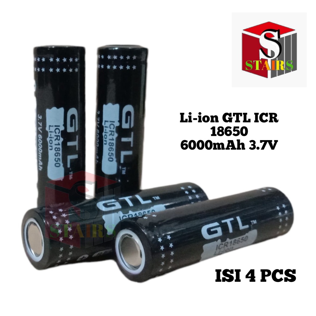 Baterai Charger / Batrai Cas Ulang Li-ion GTL ICR 18650 6000mAh 3.7V Isi 4 PCS Warna Hitam