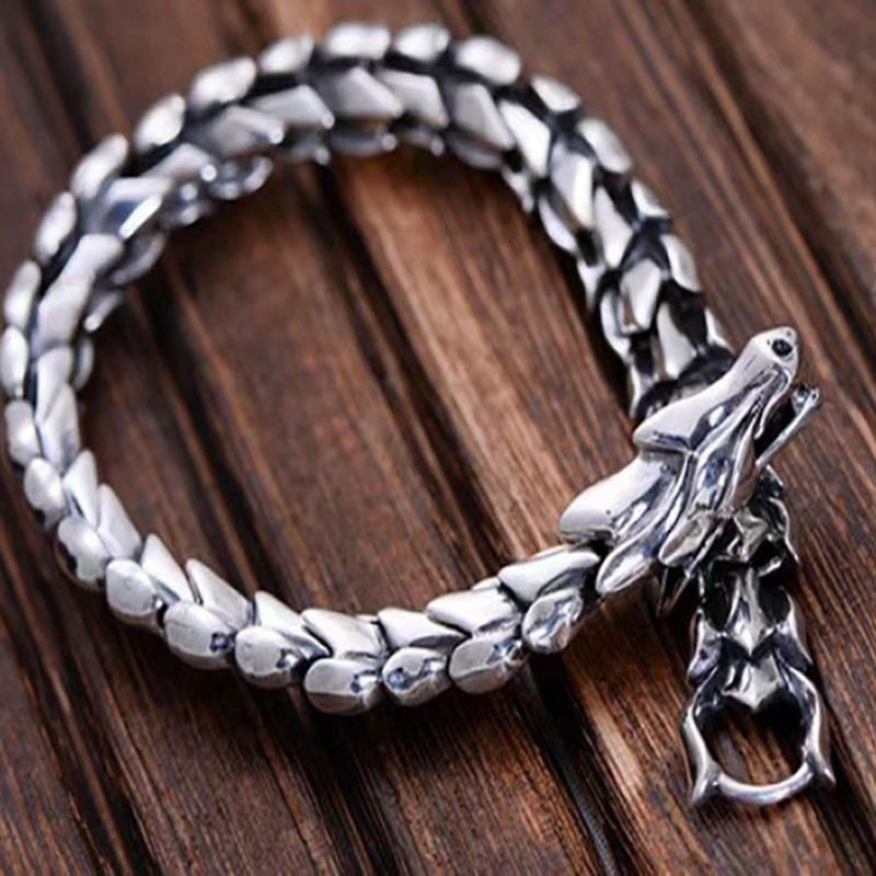 New 925 Sterling Silver Jewelry Heavy Dragon Scale Bracelet For Men 23CM Vintage Punk Style|Bracelets