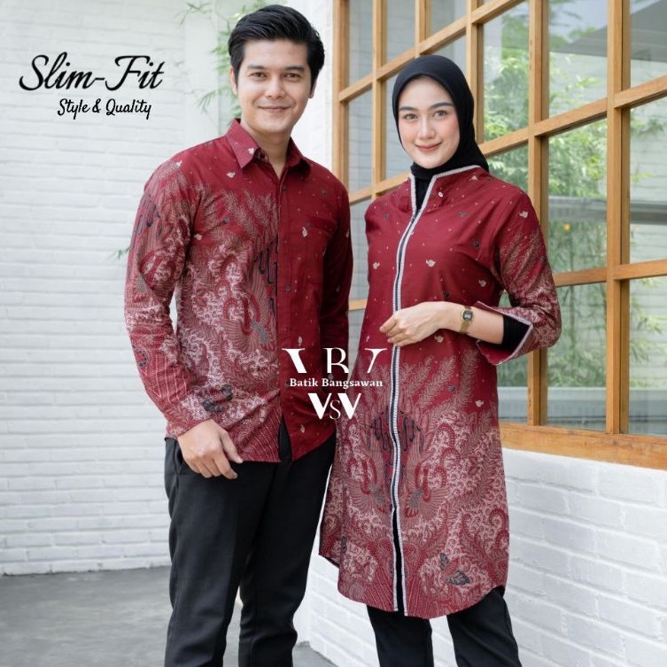 BAJU BATIK SLIMFIT COUPLE PRIA WANITA LENGAN PANJANG MERAH SERIES BATIK OB514 M L XL XXL 3L 4L Jumbo Batik Premium Soloan BATI JUMBO SLIM FIT