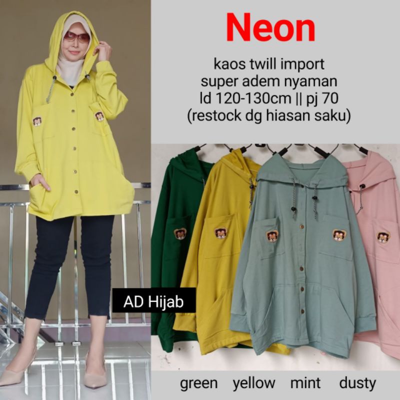 BAJU ATASAN WANITA JUMBO BIG SIZE KAOS LD 120-130  // NEON HOODIE JACKET BY AD HIJAB FASHION HQ/JAKE