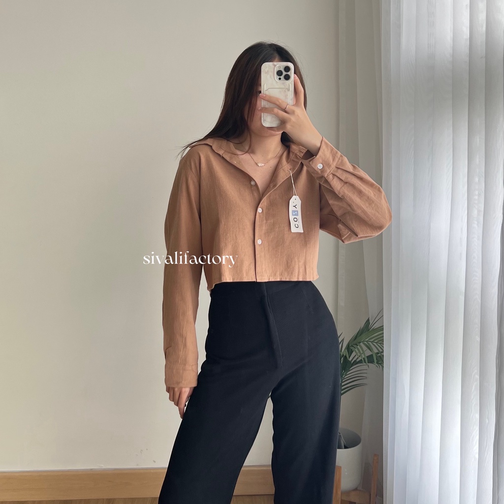 SIVALI Ceya Top | Kemeja Crop Linen Lengan Panjang | Outer Crop Linen - Atasan Wanita 993