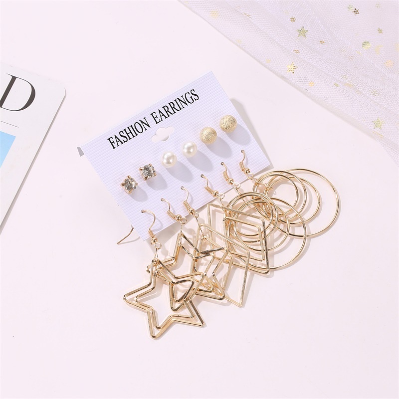 Set Anting Stud Panjang Double Layer Bentuk Bintang Geometris Aksen Mutiara Frosted Bahan Metal