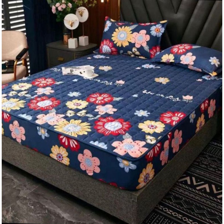 SPREI WATERPROOF UKURAN 180X200X25cm / SPREI ANTI AIR-NAVY FLOWER
