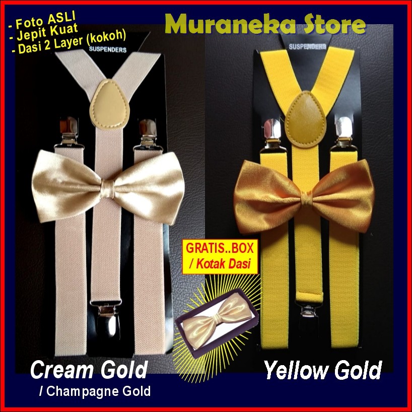 PAKET SUSPENDER BRETEL DASI KUPU BOWTIE GOLD KUPU2 KREM KUNING CHAMPAGNE CREAM TALI JOJON DEWASA
