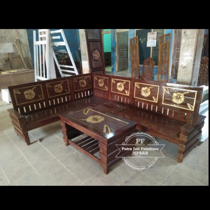 furniture Meja kursi tamu ruangan (L) pojok sudut kayu jati ukir warna kombinasi