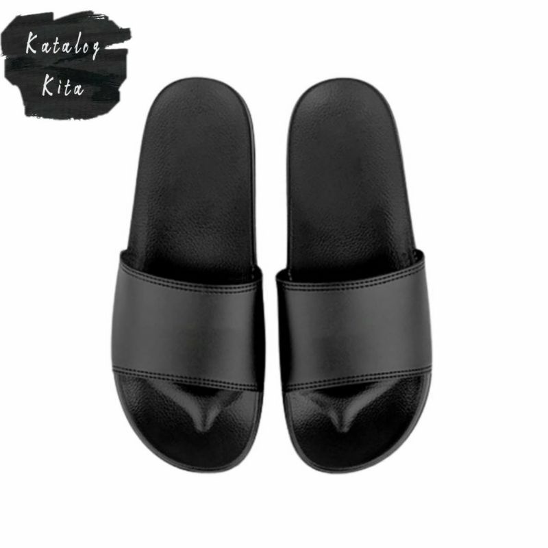 SANDAL SLIP ON POLOS | SLIP ON PRIA WANITA UNISEX | SANDAL SLIDE SLIPER | KARET BUSA KAIN | HITAM