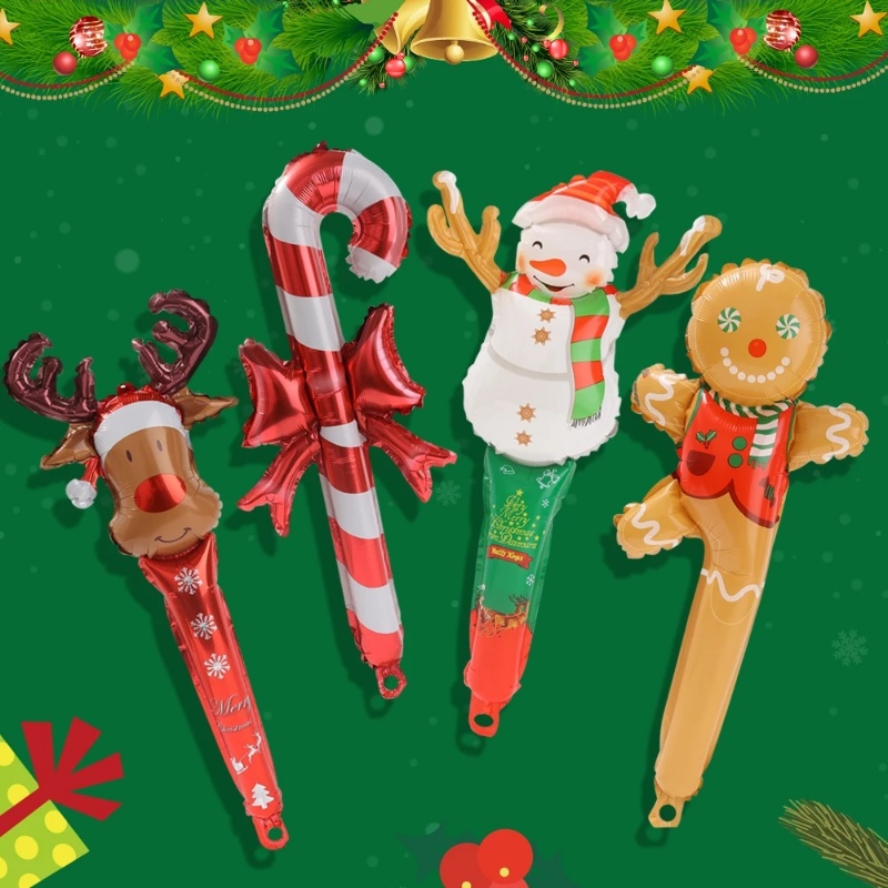 Mainan Tongkat Balon Model Tiup Bahan Aluminum Foil Desain Gingerbread Man Snowman Elk Head Natal Ukuran 24 Inci