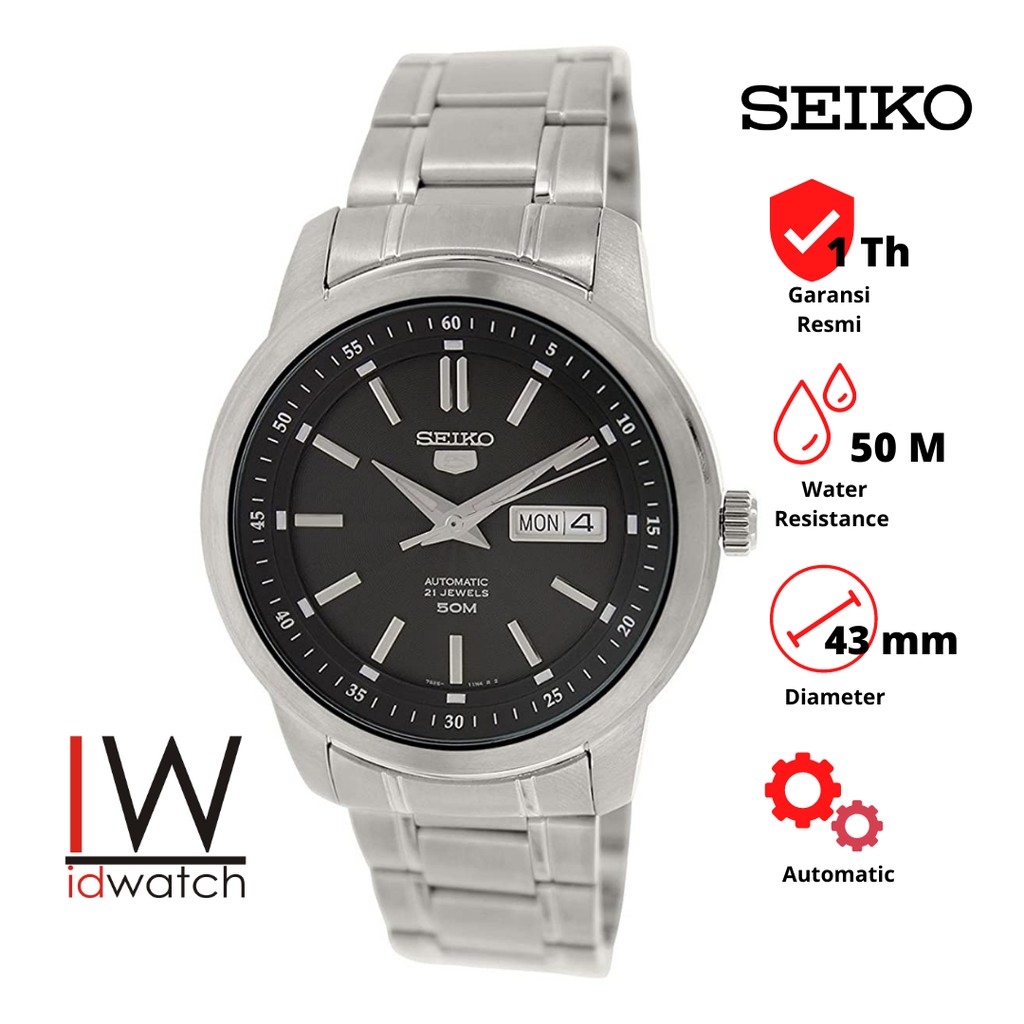 Seiko 5 SNKM87K1 Automatic Jam Tangan Pria Original SNKM87 Cowok Strap Rantai Stainless Steel