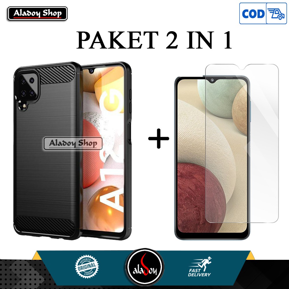 PAKET Case Samsung A12 New Carbon Casing + Tempered Glass Layar Clear