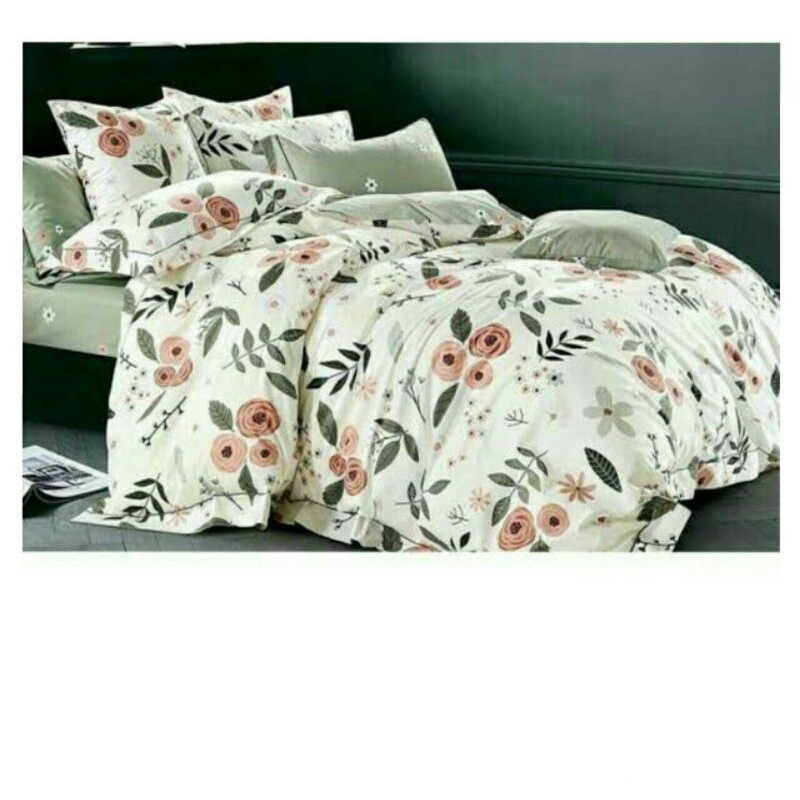 Sprei, Sarung Bantal, dan Sarung Guling Motif 7 (Bunga Abu Putih Hijau Pink)