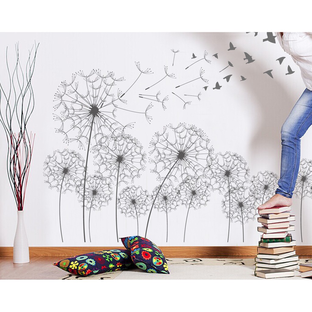 RELIZA WALL STICKER BUNGA DANDELION HITAM FLOWERS SILUET BIRD JM7317 STIKER DINDING