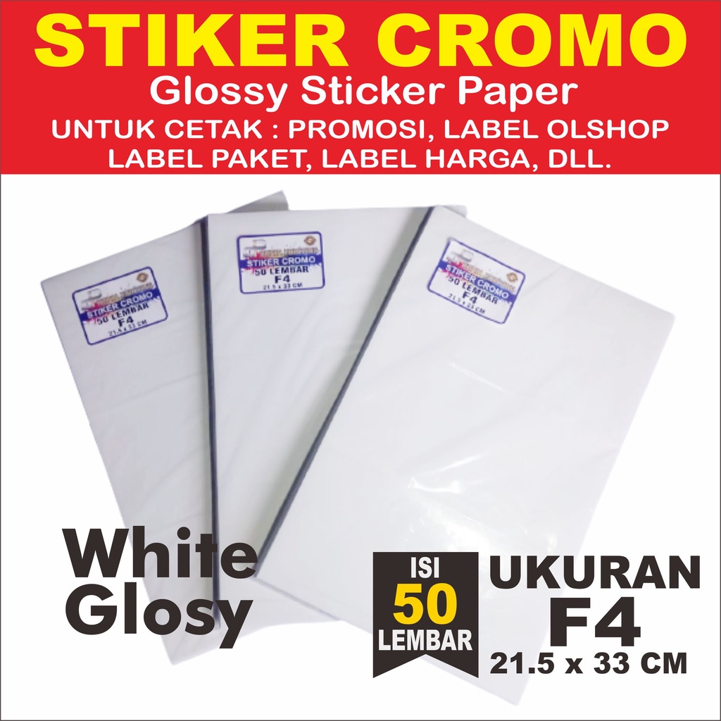

Kertas Sticker, Stiker Glossy Mengkilap F4 isi 50 Lembar / Stiker A4 / Sticker Label cromo