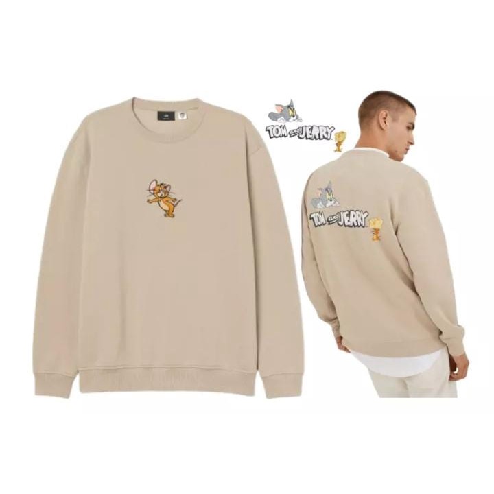 CREWNECK PRIA NASA H&amp;M TOM &amp; JERRY FULL CREAM SABLON PLASTISOL BAHAN TEBAL