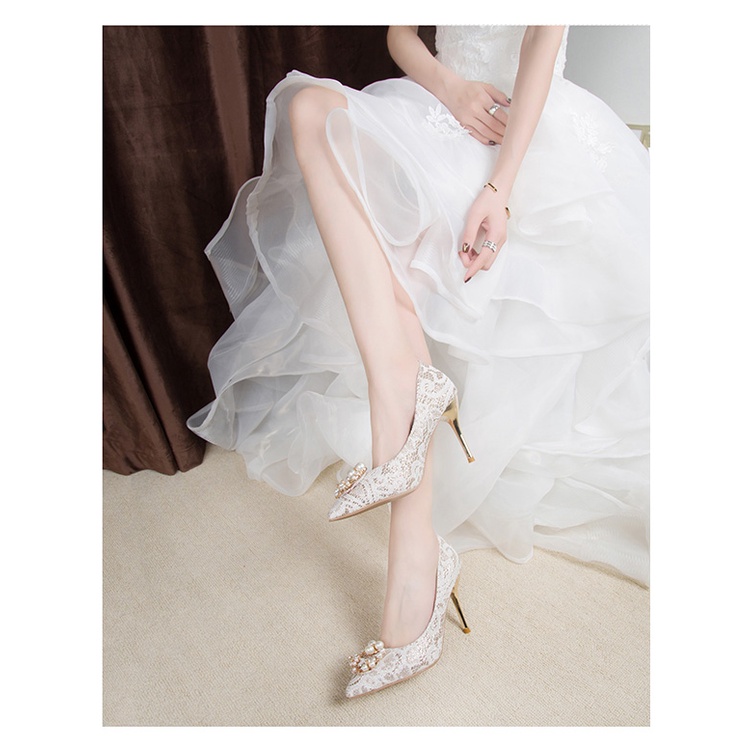 Sepatu Hak Tinggi Wanita Terbaru Korea Murah Pointed Toe Pump Stiletto High Heels Wedding Mutiara Runcing Import 10cm Pernikahan Pengantin Beige Elegan Modis - Ukuran 34 35 36 37 38 39